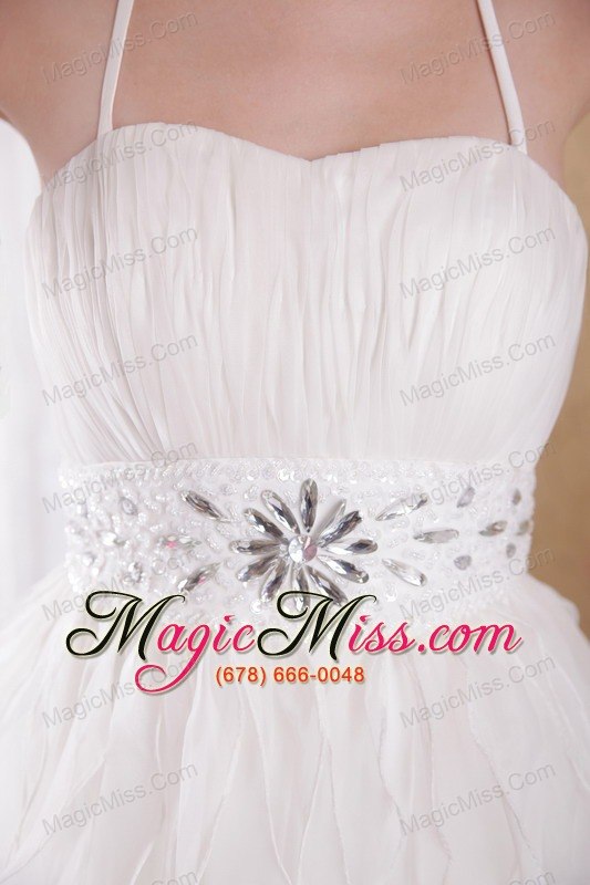 wholesale white a-line / princess halter brush train taffeta and organza rhinestones prom dress