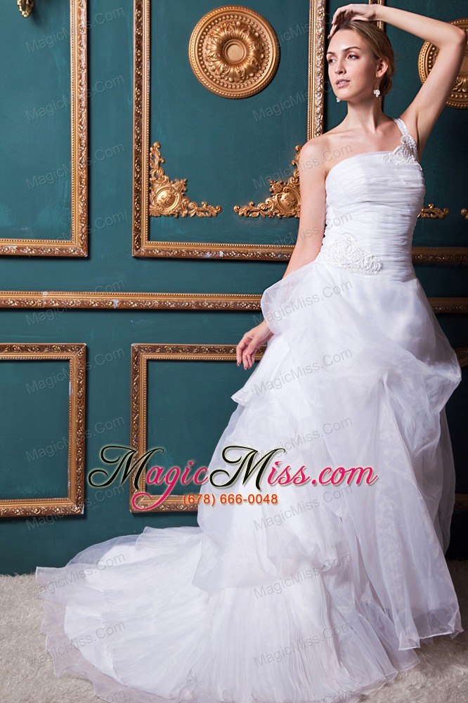 wholesale beautiful a-line one shoulder court train organza appliques wedding dress