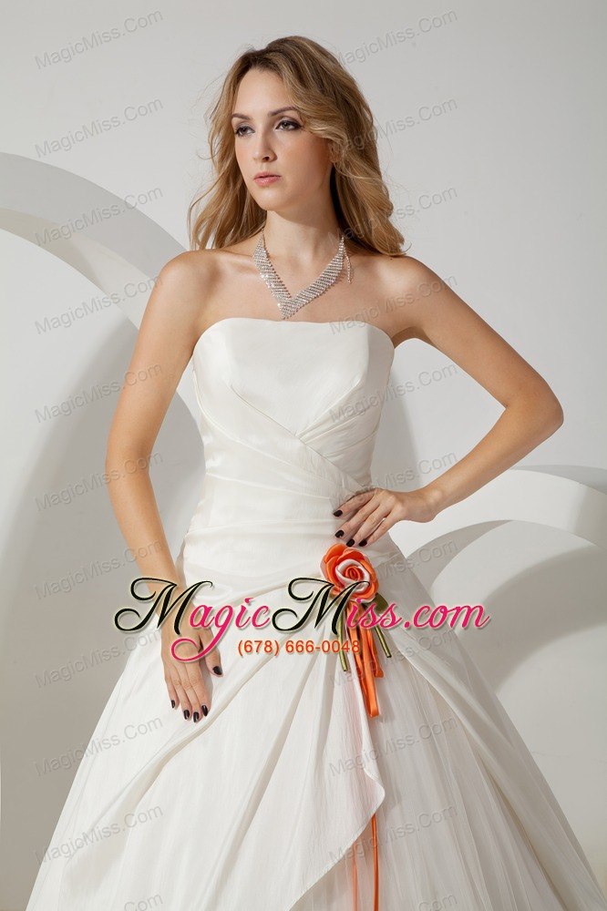 wholesale beautiful a-line strapless brush train taffeta hand made flower wedding dress