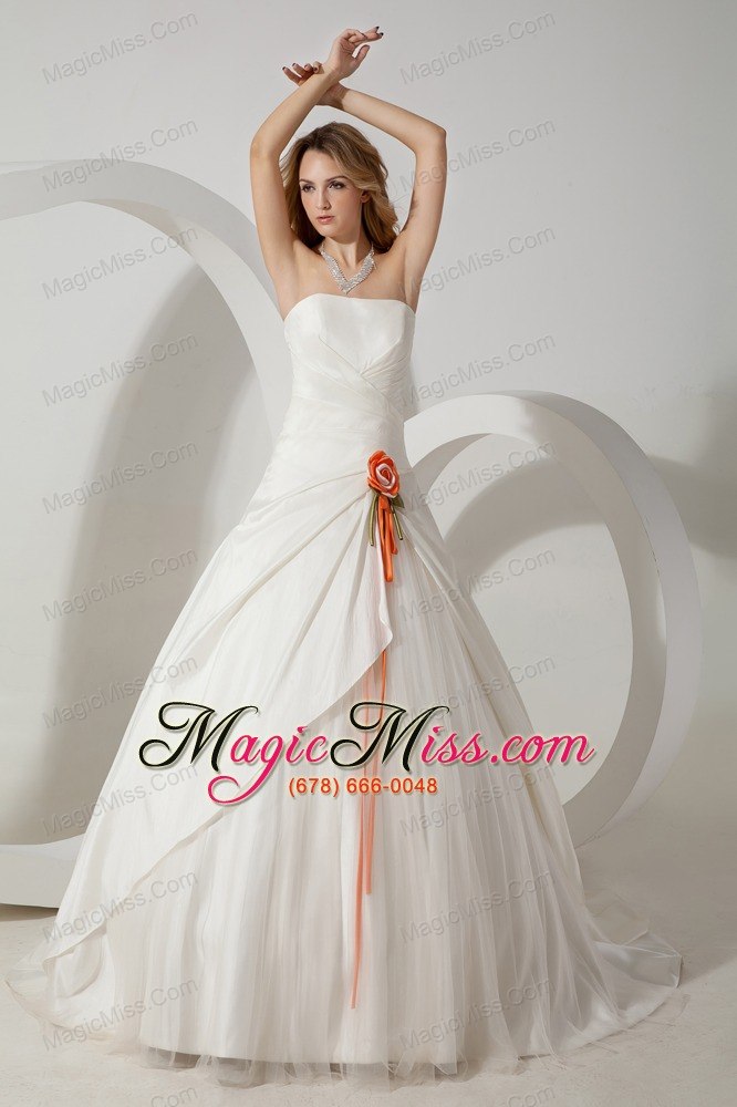 wholesale beautiful a-line strapless brush train taffeta hand made flower wedding dress