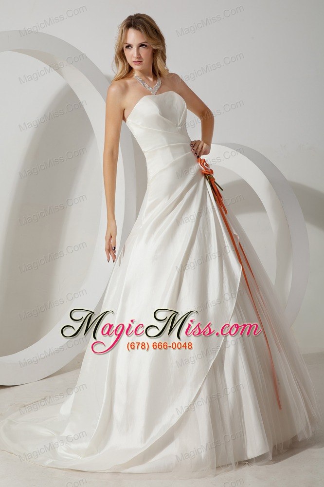 wholesale beautiful a-line strapless brush train taffeta hand made flower wedding dress