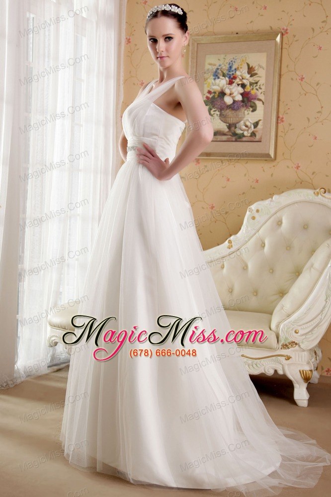 wholesale white a-line / princess v-neck brush train satin and organza beading wedding dress