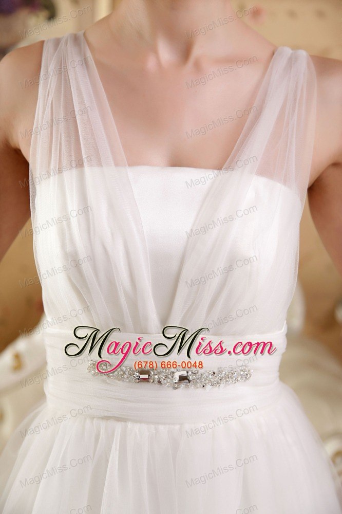 wholesale white a-line / princess v-neck brush train satin and organza beading wedding dress