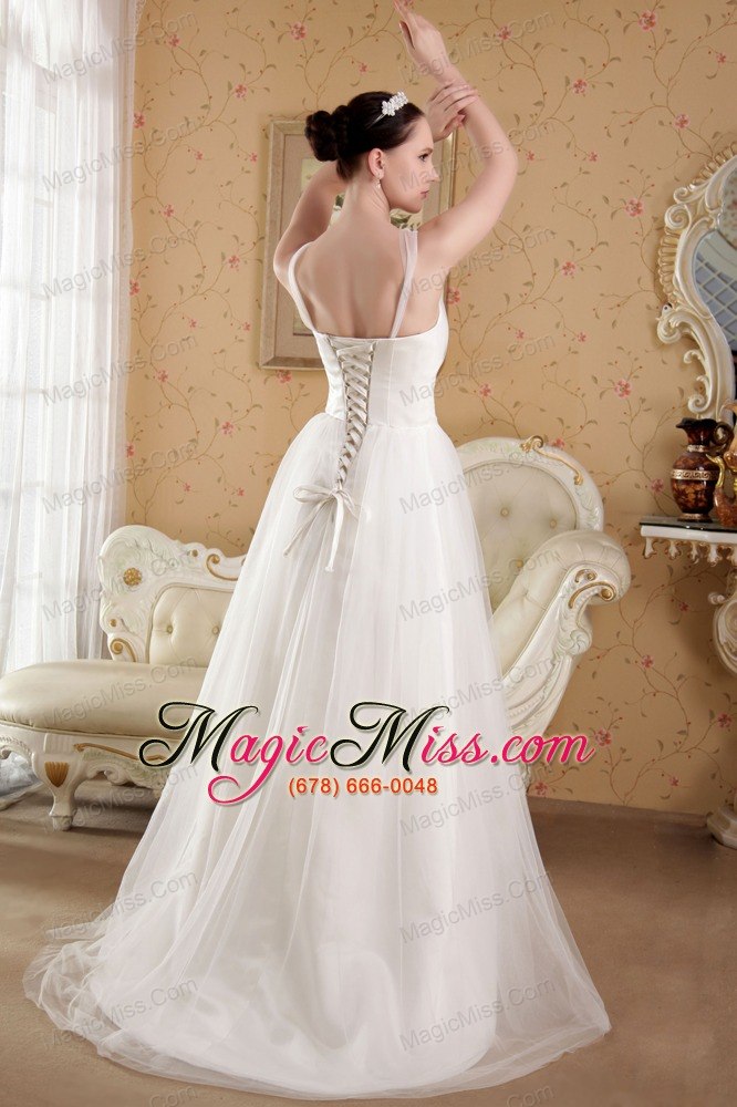 wholesale white a-line / princess v-neck brush train satin and organza beading wedding dress