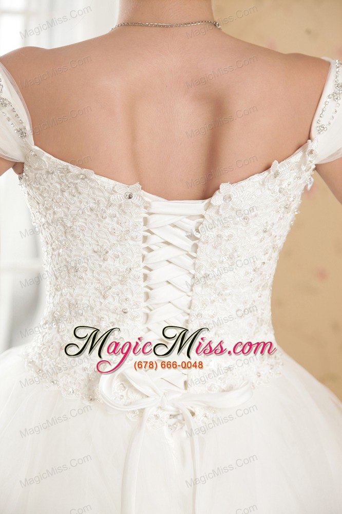 wholesale perfect ball gown off the shoulder floor-length tulle appliques wedding dress