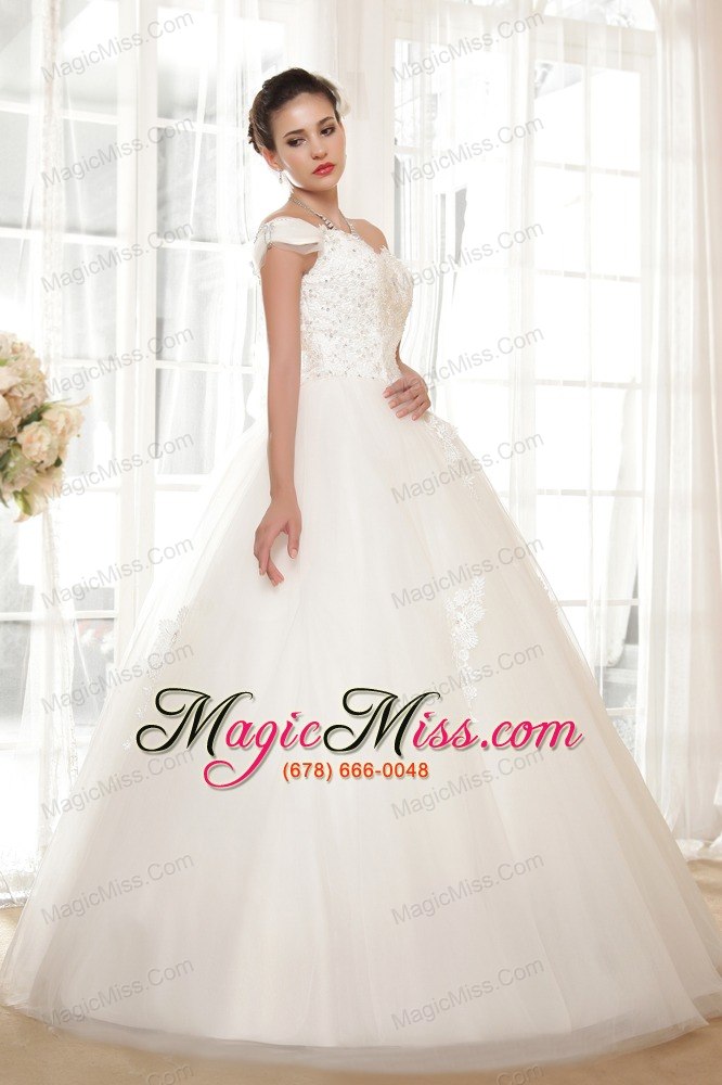 wholesale perfect ball gown off the shoulder floor-length tulle appliques wedding dress