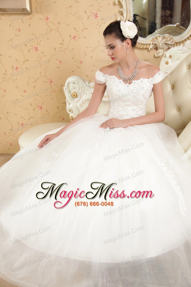 wholesale perfect ball gown off the shoulder floor-length tulle appliques wedding dress