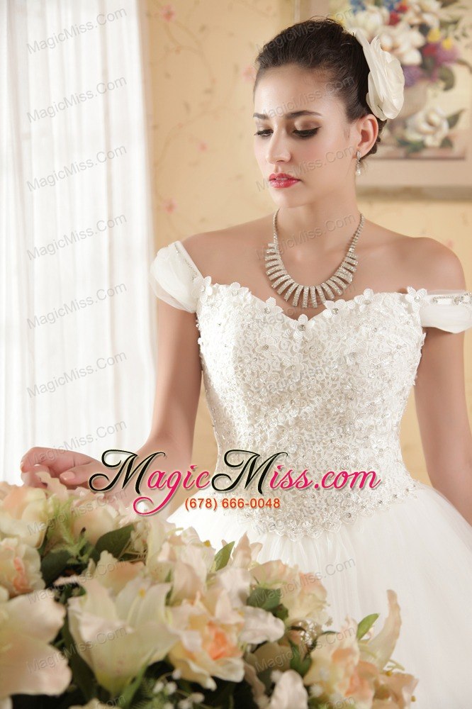 wholesale perfect ball gown off the shoulder floor-length tulle appliques wedding dress