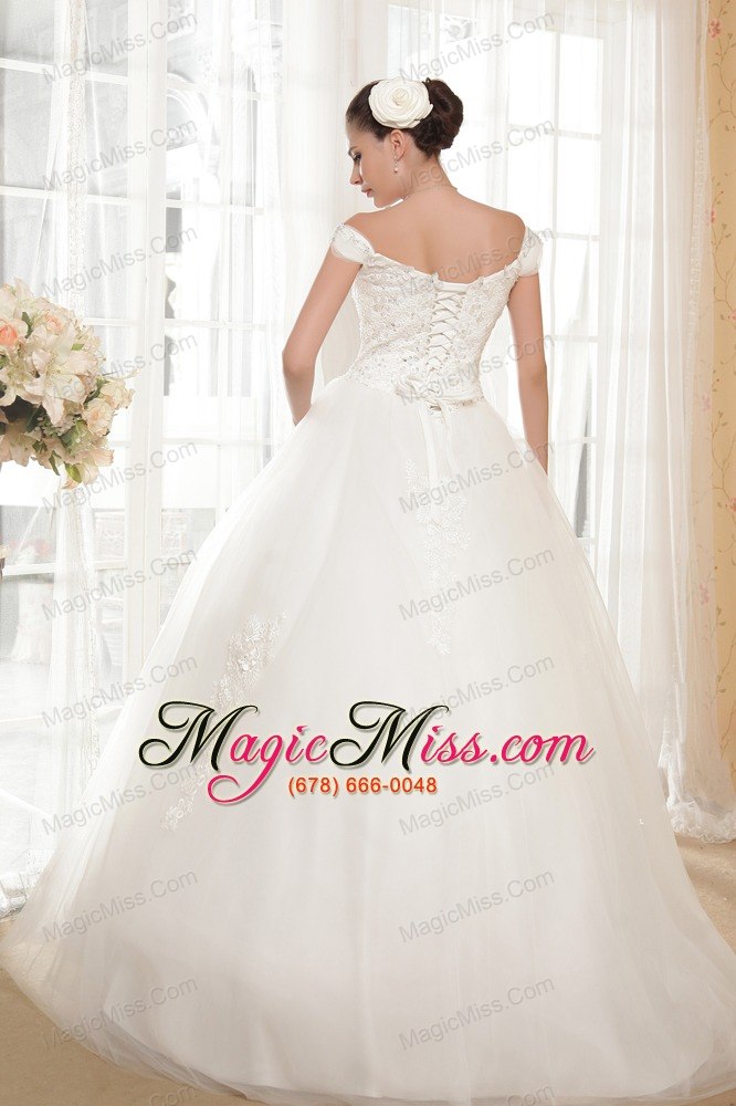 wholesale perfect ball gown off the shoulder floor-length tulle appliques wedding dress