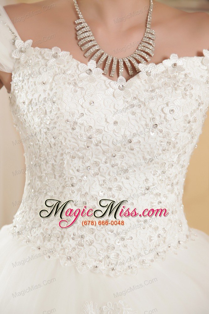 wholesale perfect ball gown off the shoulder floor-length tulle appliques wedding dress