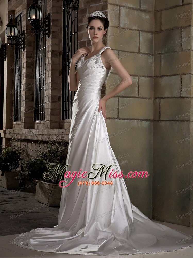 wholesale graceful a-line straps chapel train taffeta ruch and appliques wedding dress