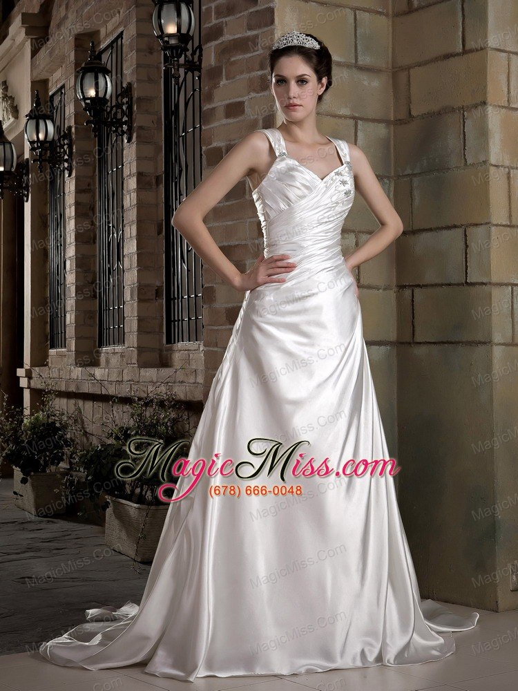 wholesale graceful a-line straps chapel train taffeta ruch and appliques wedding dress