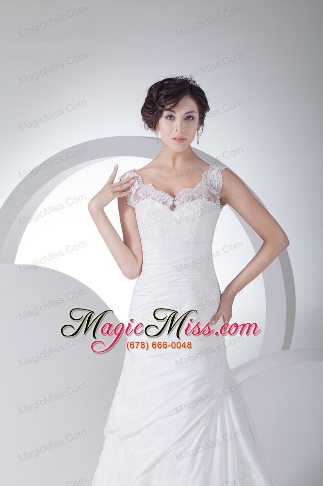 wholesale v-neck column appliques ruching brush train wedding dress