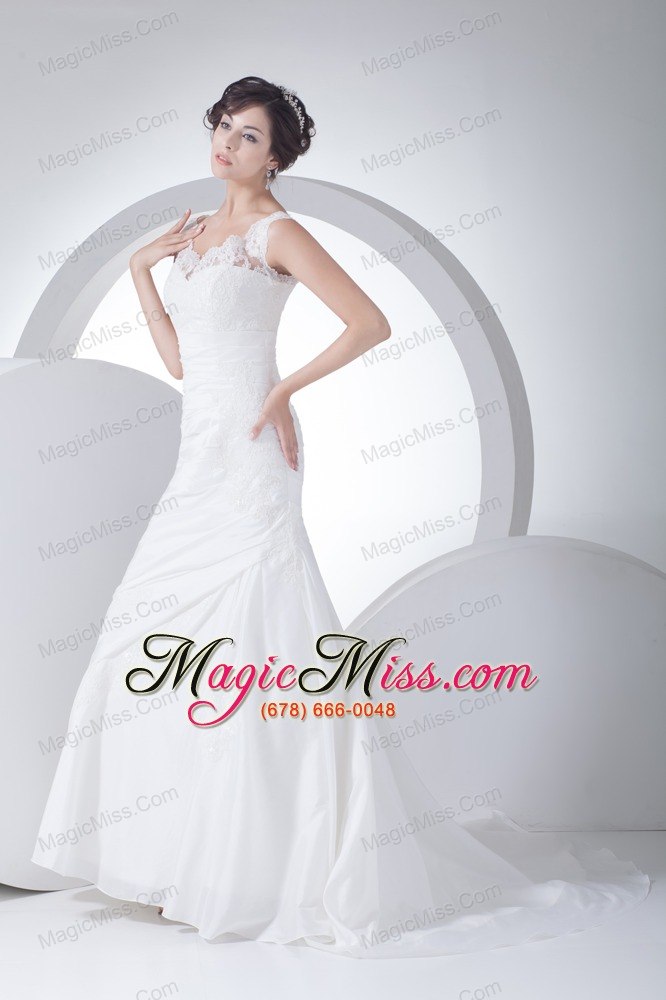 wholesale v-neck column appliques ruching brush train wedding dress