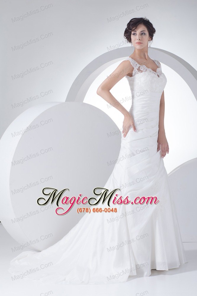 wholesale v-neck column appliques ruching brush train wedding dress