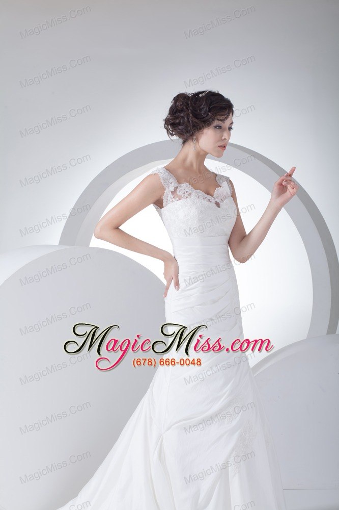 wholesale v-neck column appliques ruching brush train wedding dress