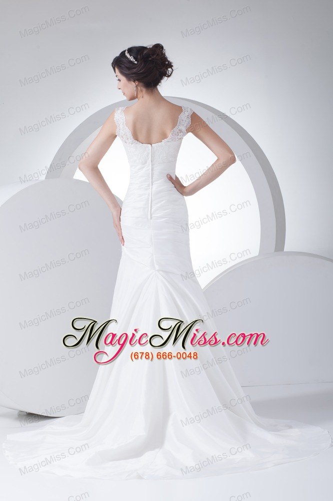 wholesale v-neck column appliques ruching brush train wedding dress