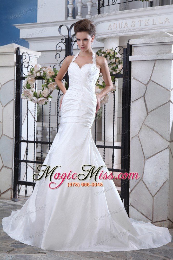 wholesale best mermaid halter court train taffeta ruch wedding dress