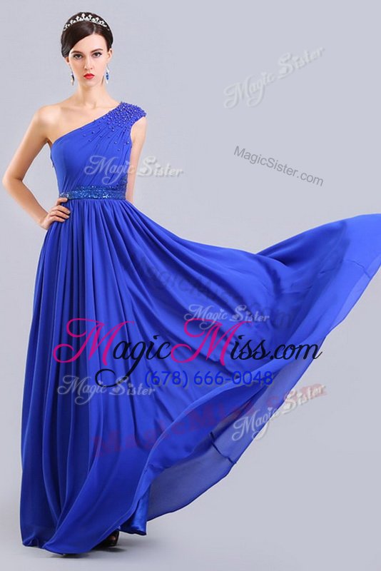 wholesale elegant royal blue one shoulder neckline ruching and belt prom dresses sleeveless side zipper