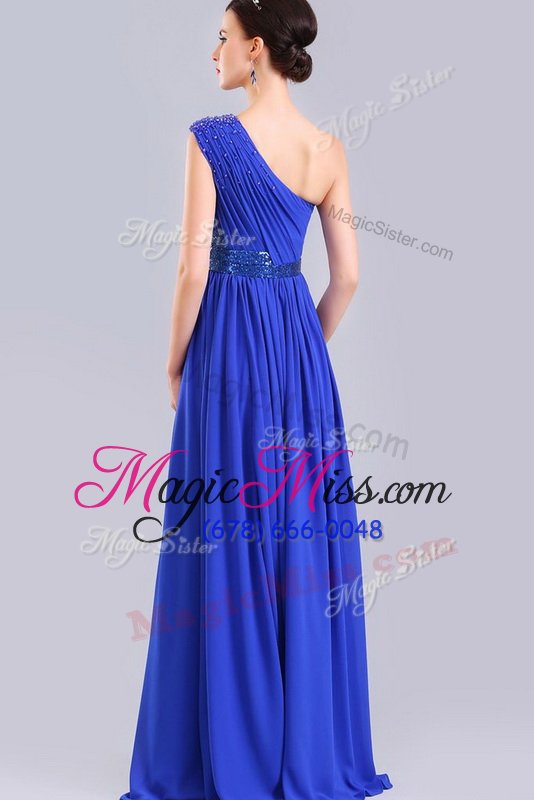 wholesale elegant royal blue one shoulder neckline ruching and belt prom dresses sleeveless side zipper