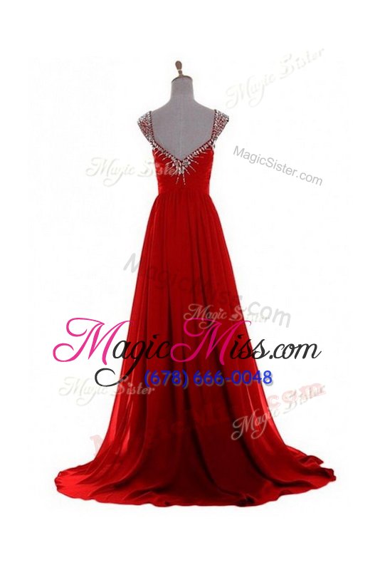 wholesale fancy red sleeveless beading and belt zipper prom dress