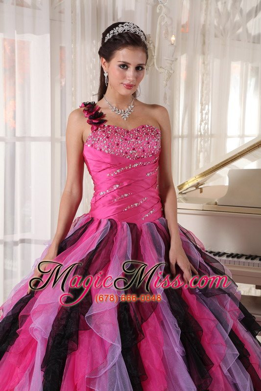 wholesale multi-colored ball gown one shoulder floor-length organza beading and ruffles quinceanera dress