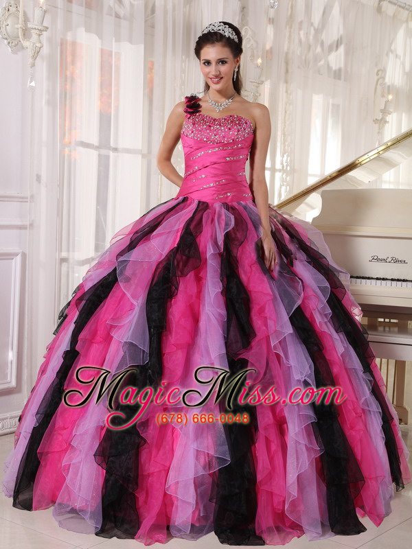 wholesale multi-colored ball gown one shoulder floor-length organza beading and ruffles quinceanera dress