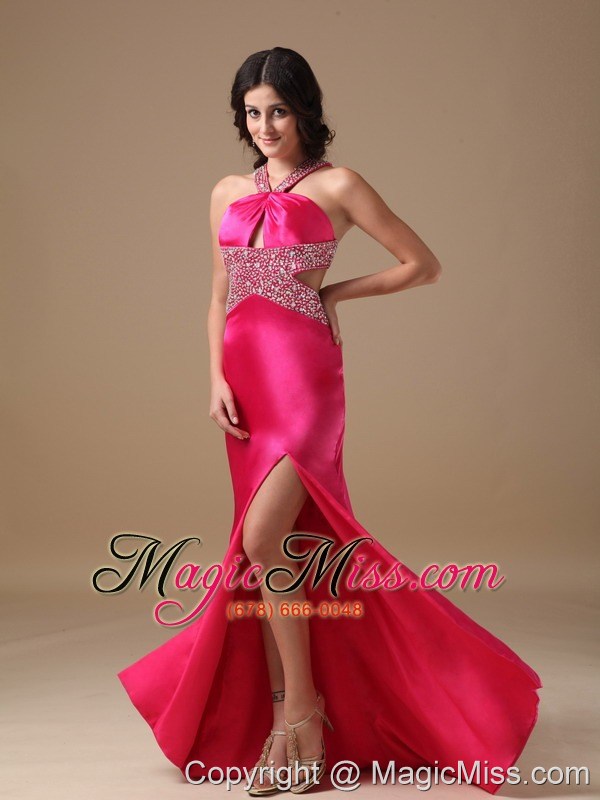 wholesale coral red column v-neck brush train taffeta beading prom dress