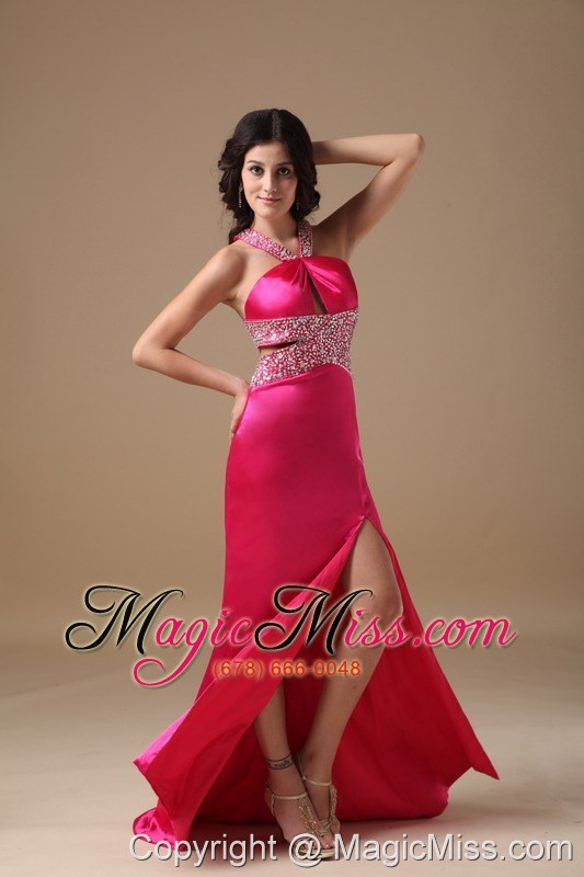 wholesale coral red column v-neck brush train taffeta beading prom dress