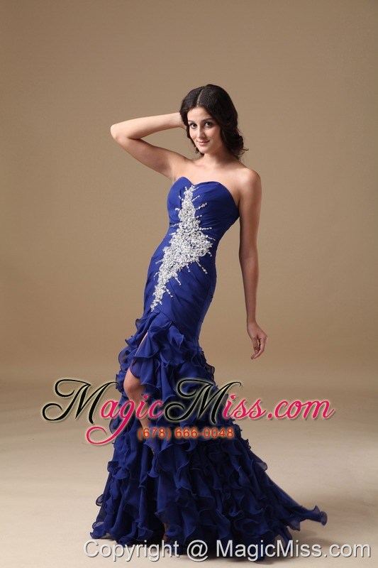 wholesale blue mermaid sweetheart brush train chiffon beading prom dress