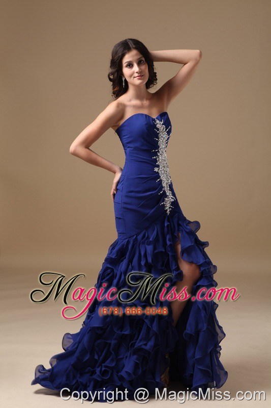 wholesale blue mermaid sweetheart brush train chiffon beading prom dress