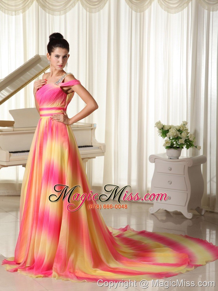 wholesale ombre color chiffon beaded decorate shoulder prom dress with court train texas