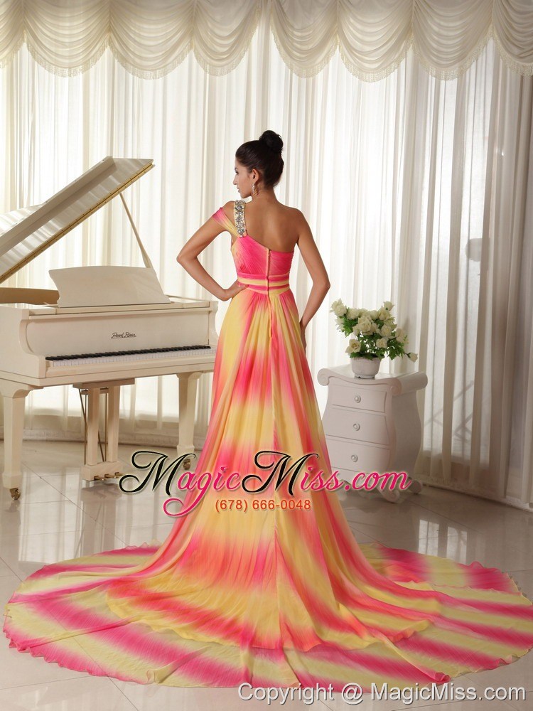 wholesale ombre color chiffon beaded decorate shoulder prom dress with court train texas