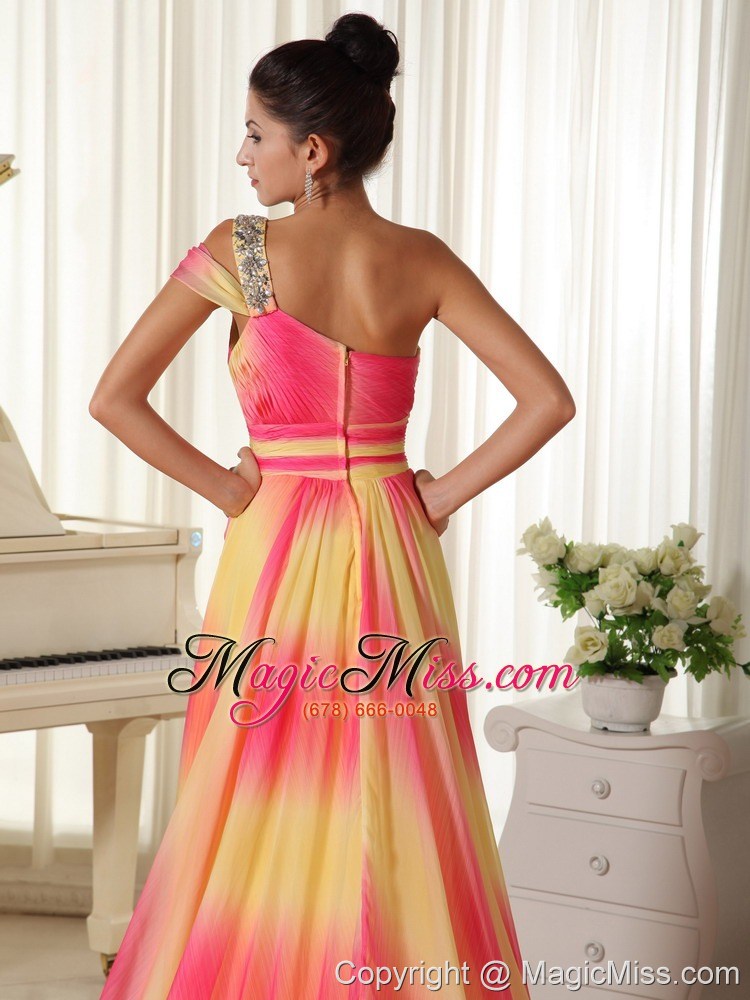 wholesale ombre color chiffon beaded decorate shoulder prom dress with court train texas