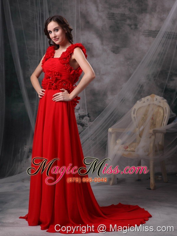 wholesale modern red a-line square evening dress chiffon beading and hand made flowers court train