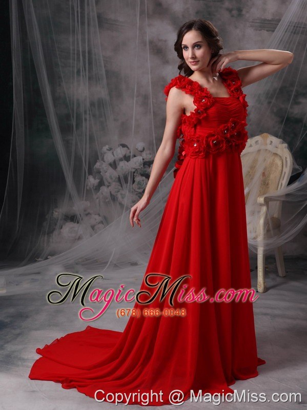 wholesale modern red a-line square evening dress chiffon beading and hand made flowers court train