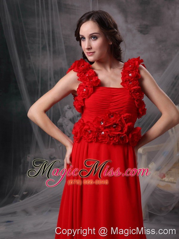 wholesale modern red a-line square evening dress chiffon beading and hand made flowers court train