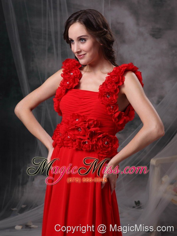 wholesale modern red a-line square evening dress chiffon beading and hand made flowers court train