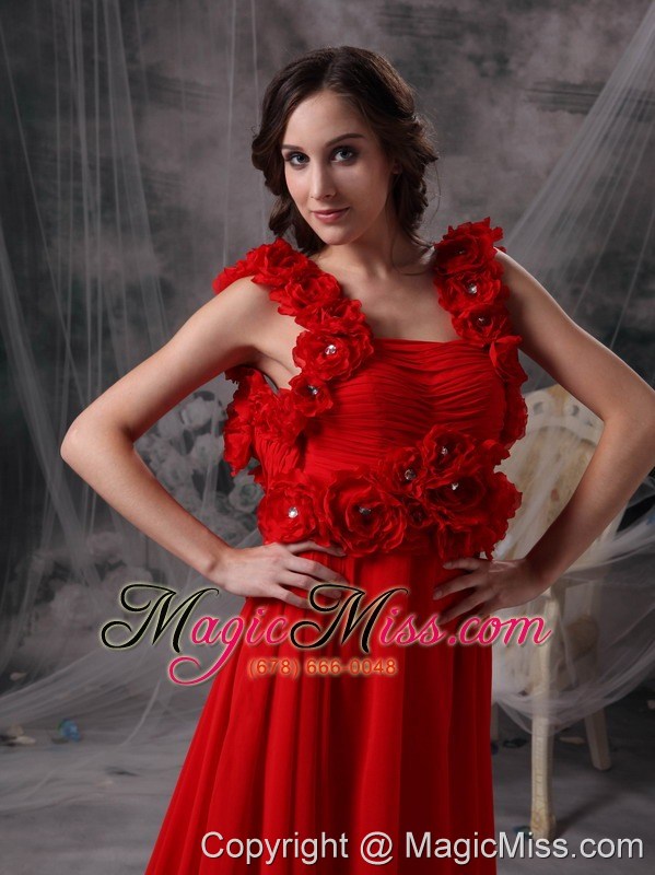 wholesale modern red a-line square evening dress chiffon beading and hand made flowers court train