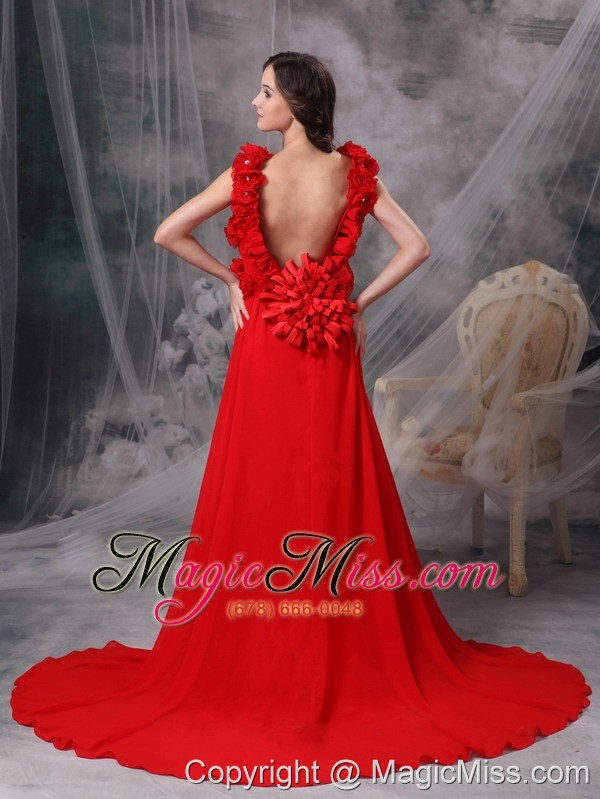 wholesale modern red a-line square evening dress chiffon beading and hand made flowers court train