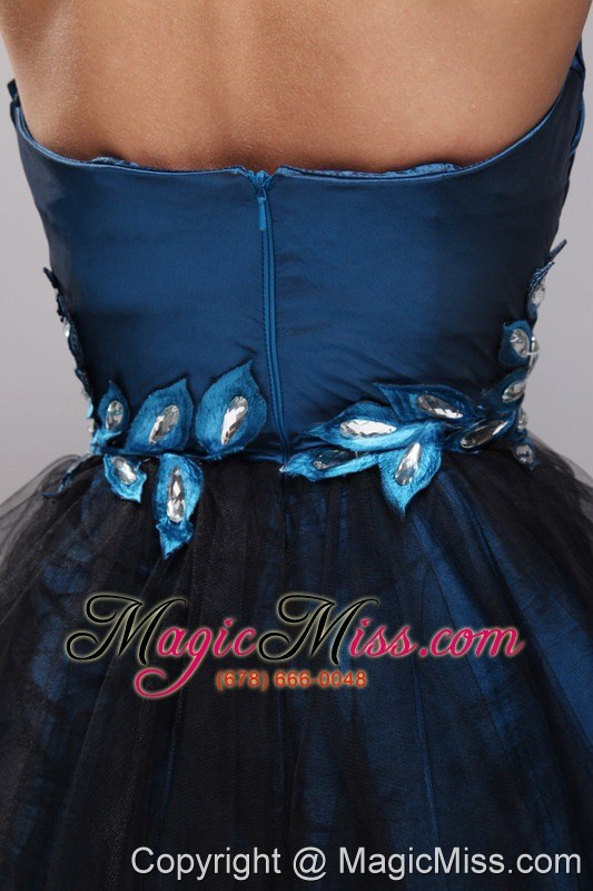 wholesale navy blue and black a-line / princess strapless mini-length taffeta and organza rhinestone prom dres