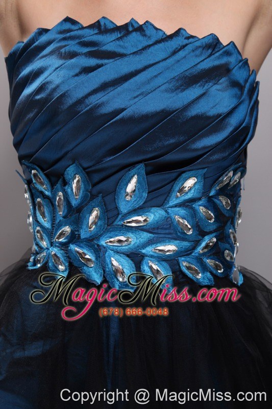 wholesale navy blue and black a-line / princess strapless mini-length taffeta and organza rhinestone prom dres