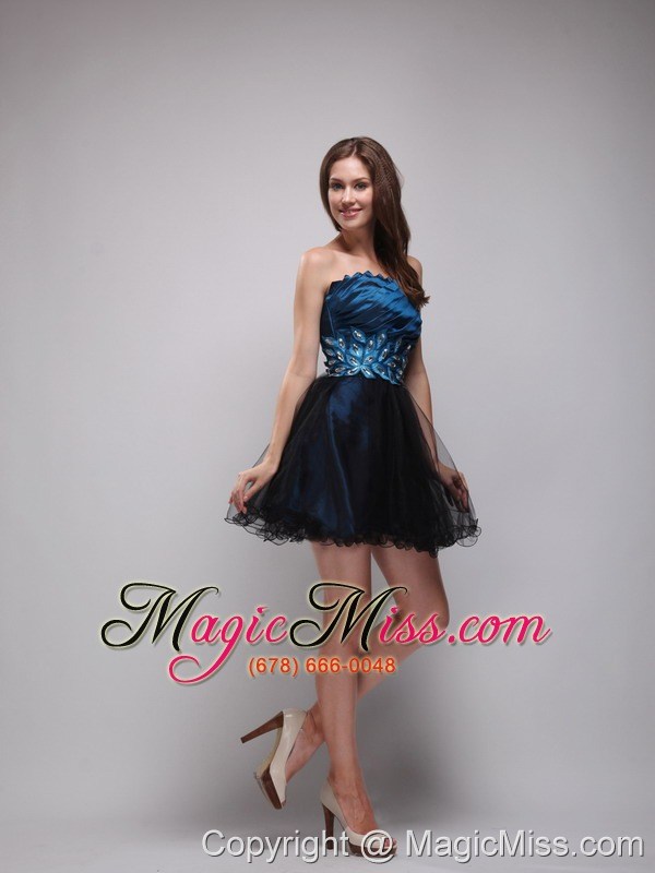 wholesale navy blue and black a-line / princess strapless mini-length taffeta and organza rhinestone prom dres