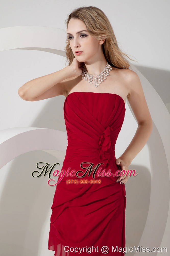 wholesale wine red column / sheath straplss mini-length chiffon hand made flower prom dress