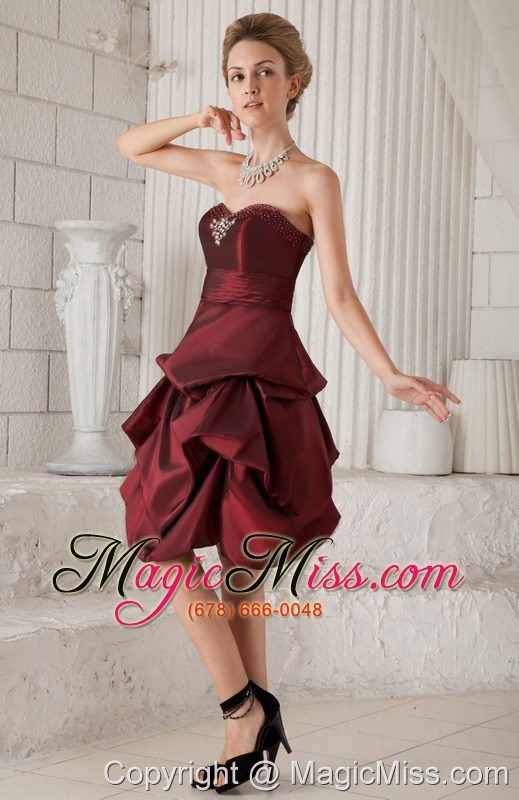 wholesale burgundy column / sheath sweetheart knee-length taffeta beading prom / homecoming dress