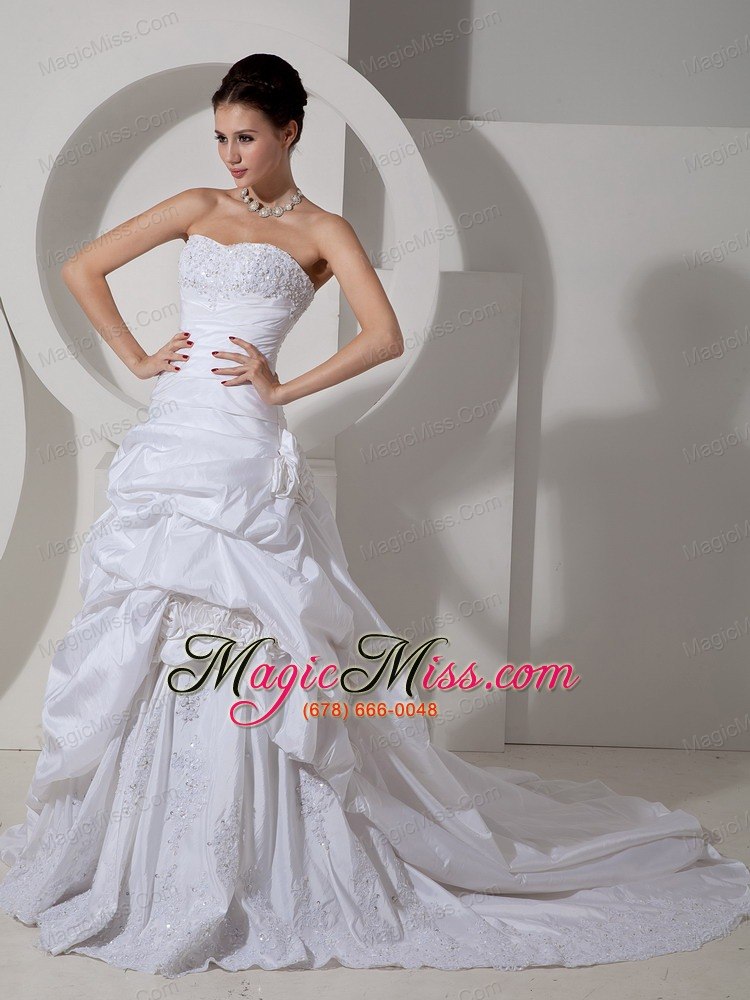 wholesale pretty a-line sweetheart court train taffeta hand made flower and appliques wedding dress