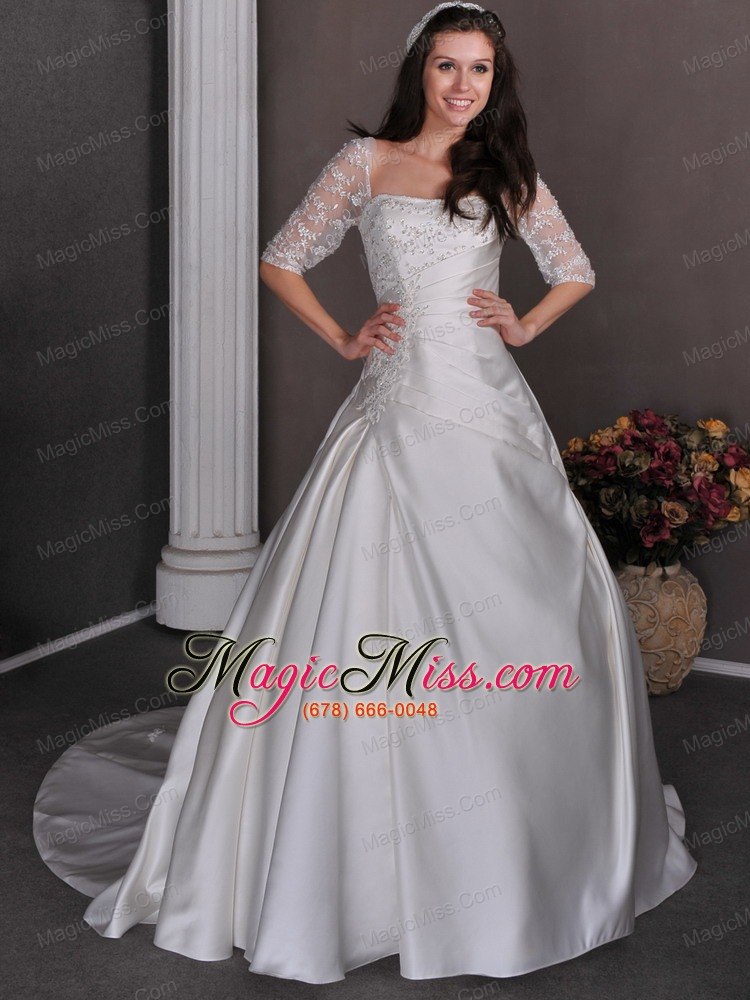 wholesale gorgeous a-line square chapel train satin appliques and beading wedding dress