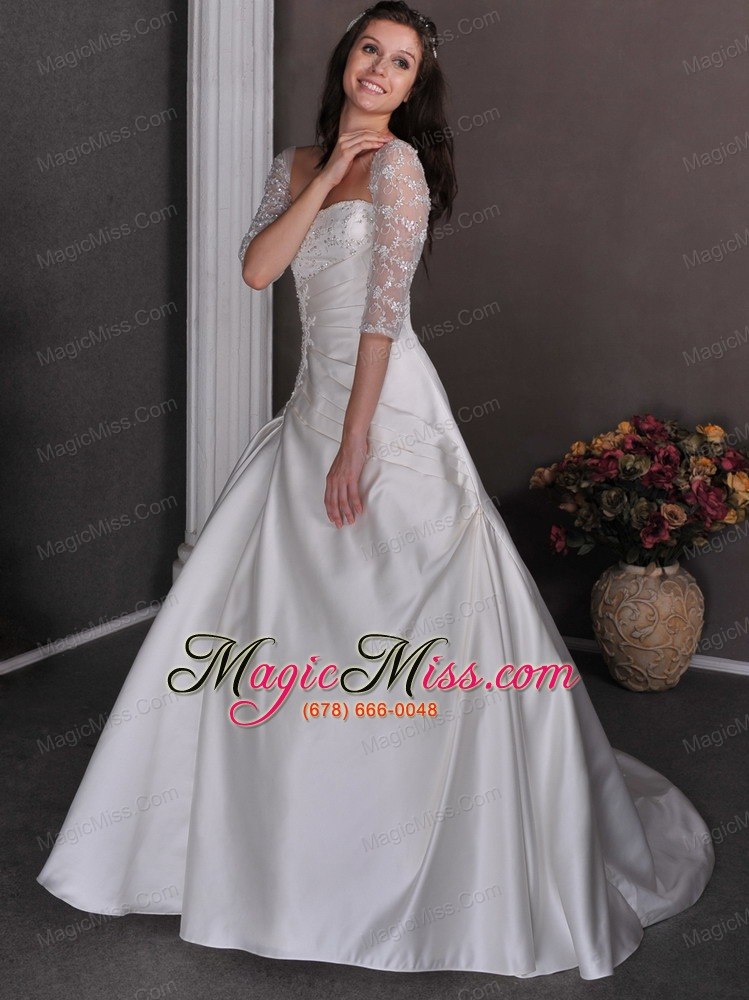 wholesale gorgeous a-line square chapel train satin appliques and beading wedding dress