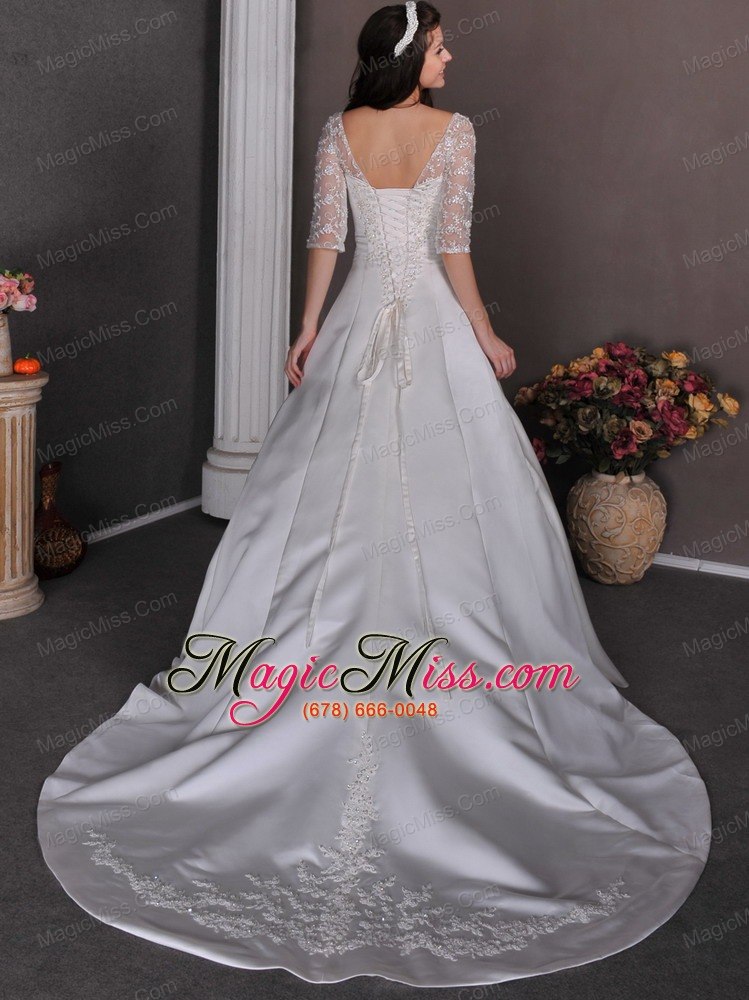 wholesale gorgeous a-line square chapel train satin appliques and beading wedding dress