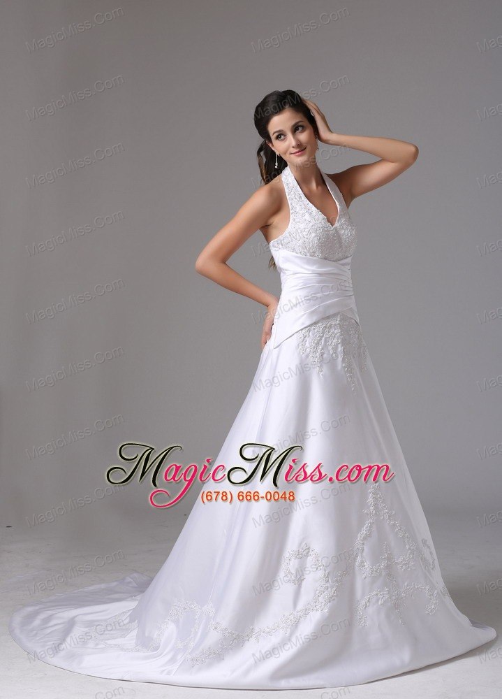 wholesale hamden connecticut custom made a-line halter wedding dress with embroidery and ruch in 2013